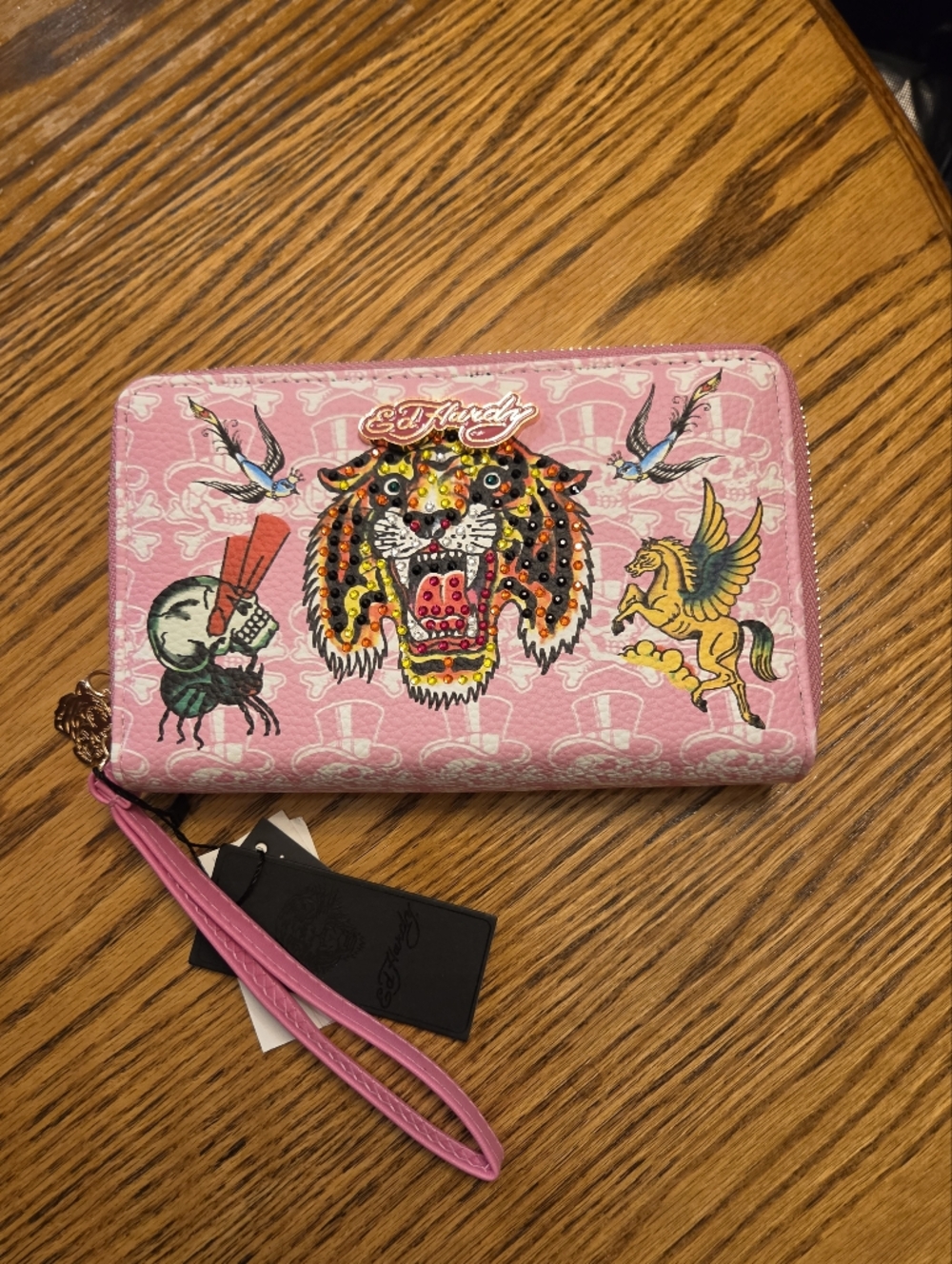 Ed Hardy Pink Graphic Zip-Around Wristlet Wallet